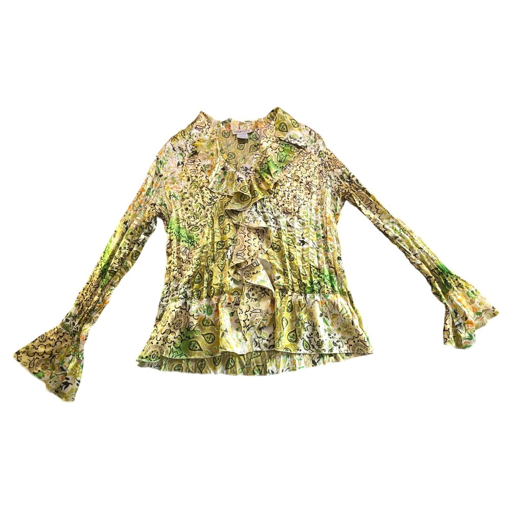 Boho Paisley Ruffle Satin Blouse Green Floral‎ Retro Y2K Button Front Medium